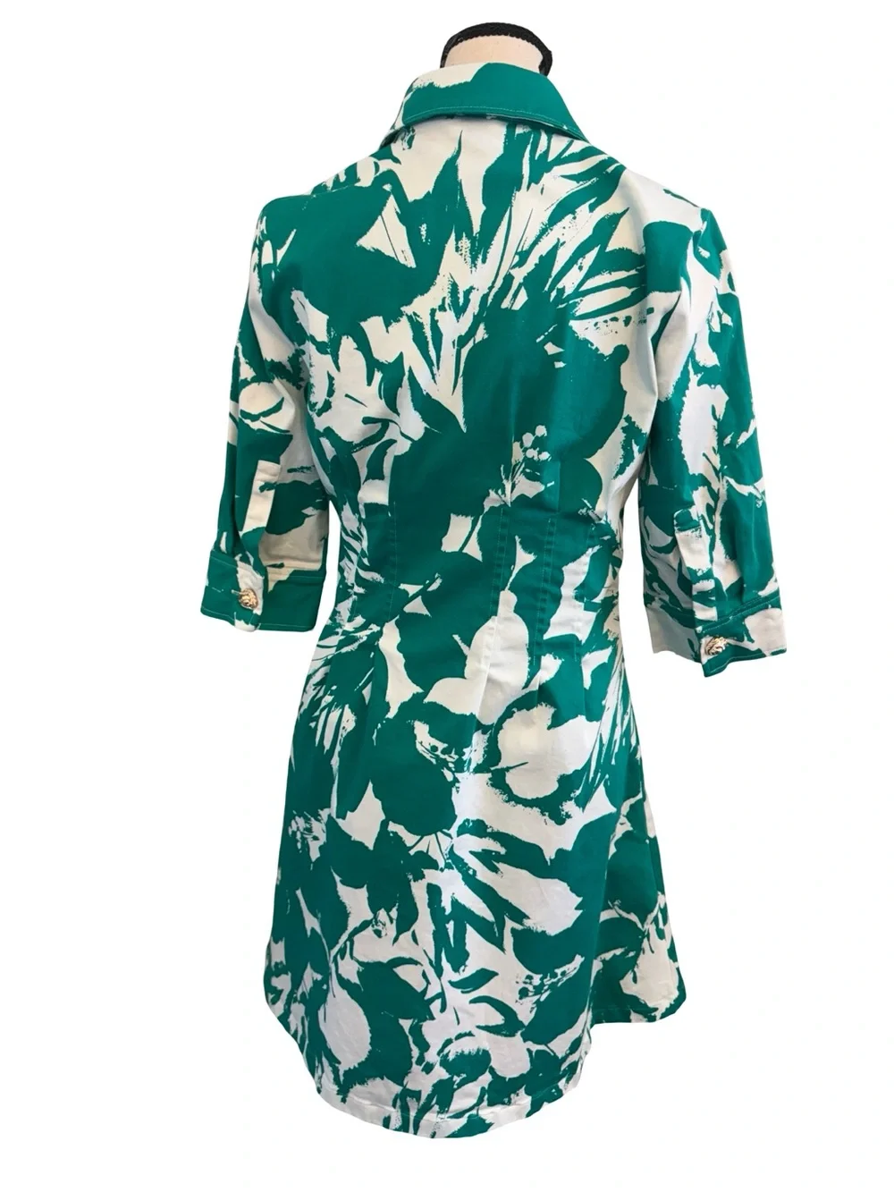 Anne Klein 4P Green White Floral Shirt Dress Petite Button Front Stretch Cotton - Picture 4 of 13